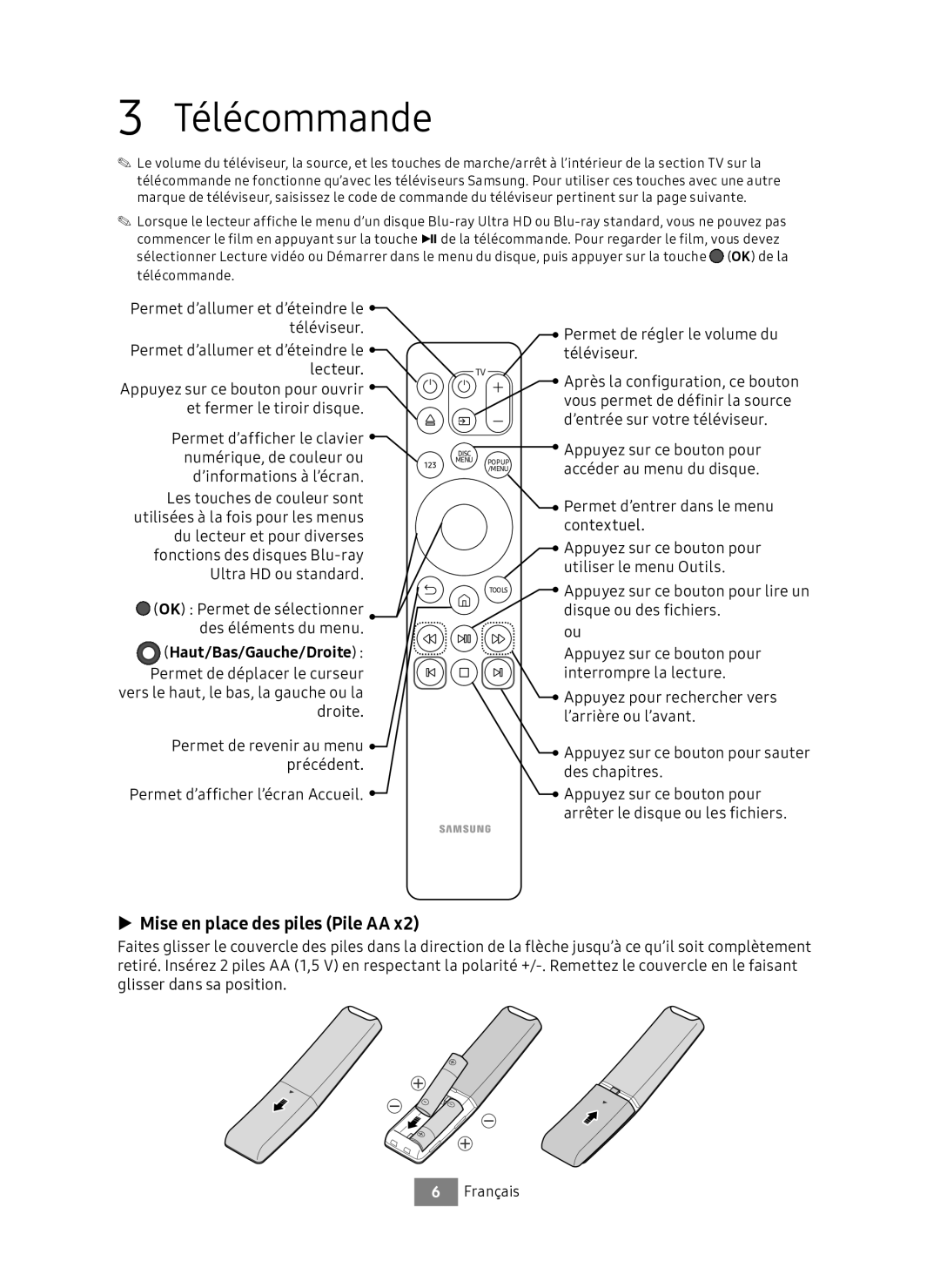 Samsung UBD-M7500/ZG manual Télécommande, Mise en place des piles Pile AA, Haut/Bas/Gauche/Droite  